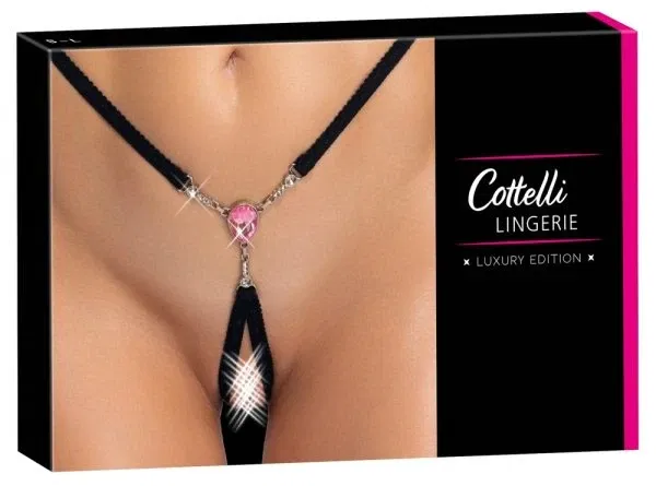 Cottelli LINGERIE schwarzer ouvert String S-L mit Rosa Schmuckstein und Glitzerkettchen