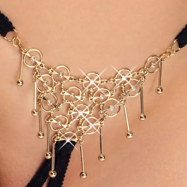 Cottelli LINGERIE Schmuck-String ouvert schwarz S-L mit weißgoldfarbenem Schmuckgeflecht