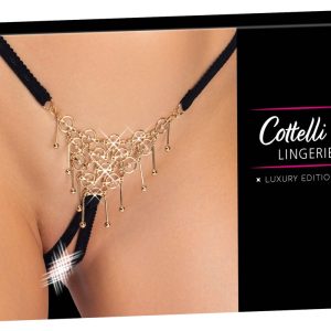 Cottelli LINGERIE Schmuck-String ouvert schwarz S-L mit weißgoldfarbenem Schmuckgeflecht