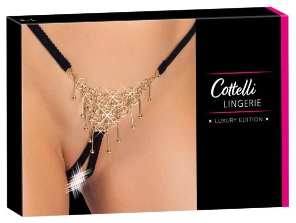 Cottelli LINGERIE Schmuck-String ouvert schwarz S-L mit weißgoldfarbenem Schmuckgeflecht