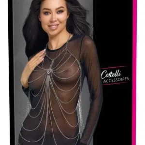 Cottelli ACCESSOIRES Silberne Körperkette mit klarem Schmuckstein und üppigem Kettchenbesatz