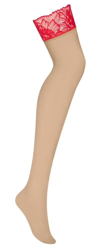 Obsessive Matildea Straps-Strümpfe 2XL/3XL Hautfarben mit roter Spitze