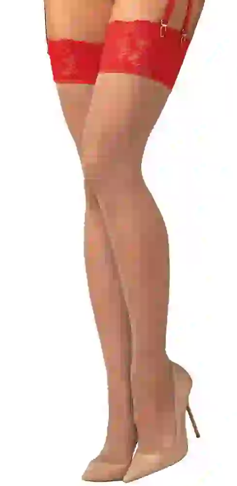 Obsessive Matildea Straps-Strümpfe 2XL/3XL Hautfarben mit roter Spitze