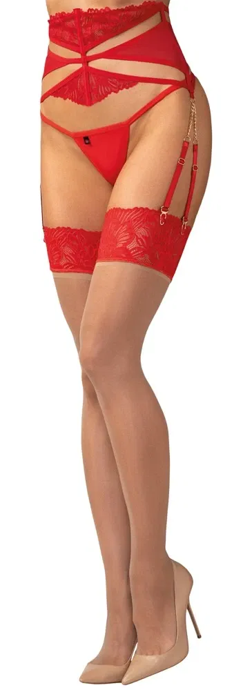 Obsessive Matildea Straps-Strümpfe 2XL/3XL Hautfarben mit roter Spitze