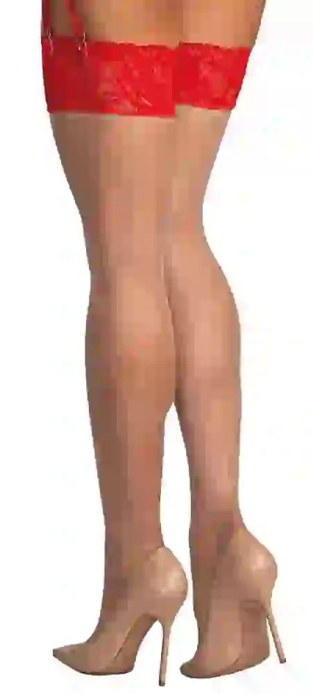 Obsessive Matildea Straps-Strümpfe 2XL/3XL Hautfarben mit roter Spitze