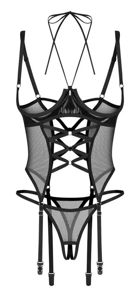 Obsessive Corset Strapshemd 2XL/3XL Schwarz Ouvert Set mit String