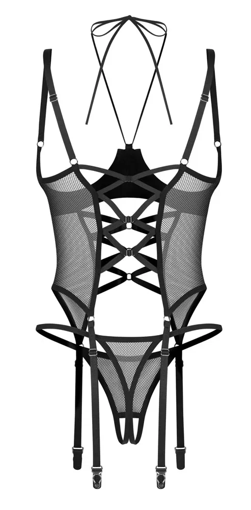Obsessive Corset Strapshemd 2XL/3XL Schwarz Ouvert Set mit String
