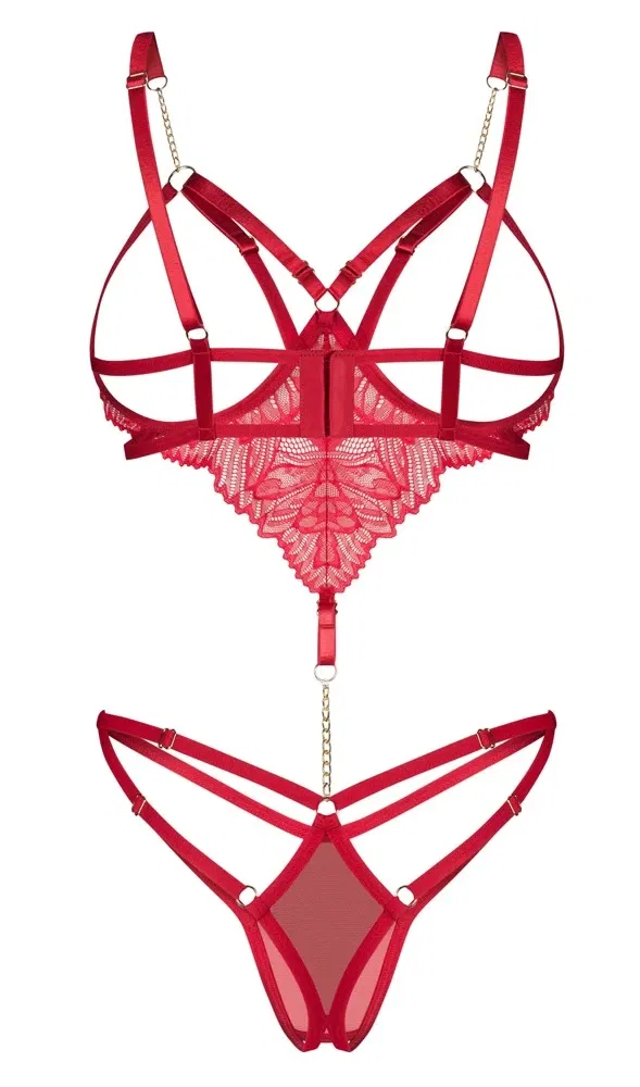 Obsessive Matildea Body Ouvert Rot L/XL mit Spitze & Schmuckdetails