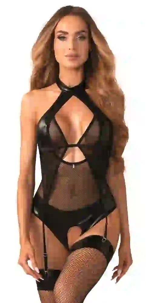 26450841111_nor_a Obsessive Dominna Straps-Body ouvert L/XL schwarz Wetlook & Netz