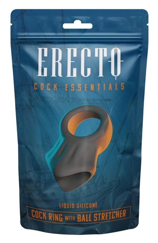 Erecto Cock Ring mit Ball Stretcher, Schwarz, Dehnbar, Silikon