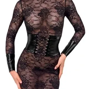 Noir Spitzenkleid Kink Royal Schwarz M mit Taillencorsage und Stehkragen