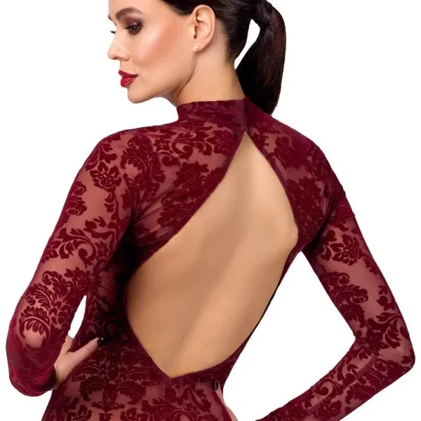 Noir Kink Royal Langarm Kleid XL Burgund Transparenz Samtprint