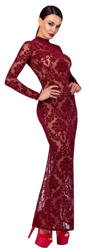 Noir Kink Royal Langarm Kleid XL Burgund Transparenz Samtprint
