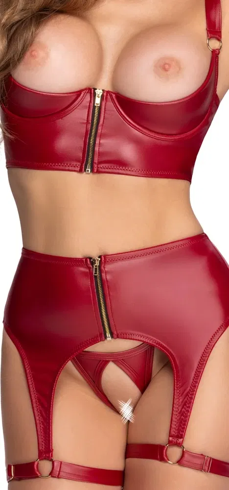 Cottelli LINGERIE Hebe Set Mattlook Bordeauxrot 75B/S mit offenem String und Strapsgürtel