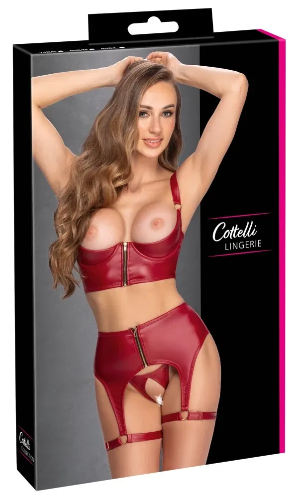 Cottelli LINGERIE Hebe Set Mattlook Bordeauxrot 75B/S mit offenem String und Strapsgürtel