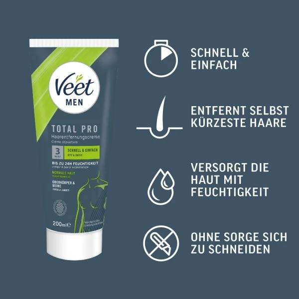Veet Men Total Pro Haarentfernungscreme 200 ml – Schnelle & Glatte Haut