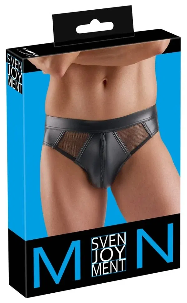 Svenjoyment Wetlook Slip 2XL Schwarz mit Netz-Einsätzen und Reißverschluss-Beutel