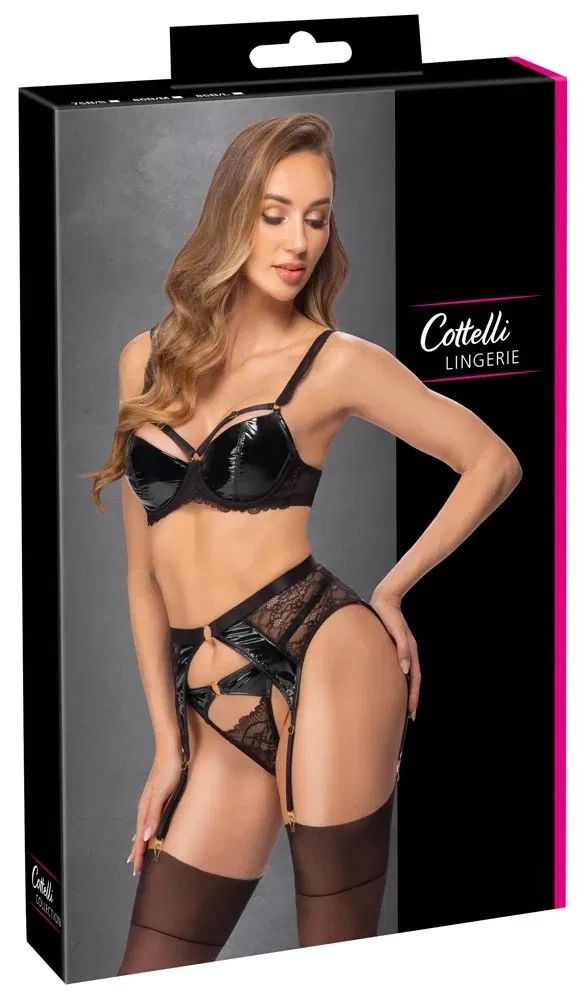 Cottelli LINGERIE 3-teiliges Straps-Set 75B/S Schwarz aus Spitze und Lack