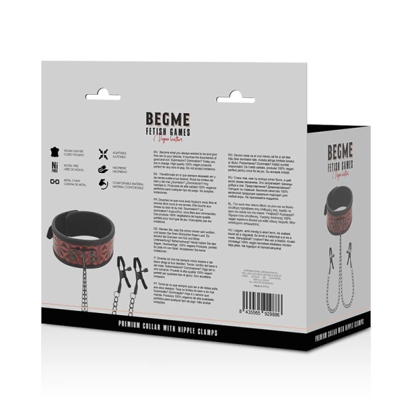 Begme Fetish Games Halsband met Nippelklemmen RED Edition Neopreen