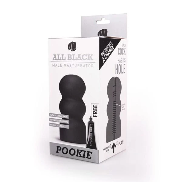 ALL Black Masturbator Pookie met gegroefde binnenkant 17 cm ALL Black Masturbator Pookie met gegroefde binnenkant 17 cm