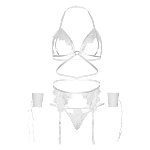 Leg Avenue Vierdelig Dessousset met BH, G-string, Kousenband en Manchetten, wit