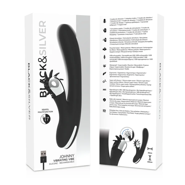 Black&silver Bunny Johnny Vibrerende parelvibrator, 24 cm, superzacht siliconen
