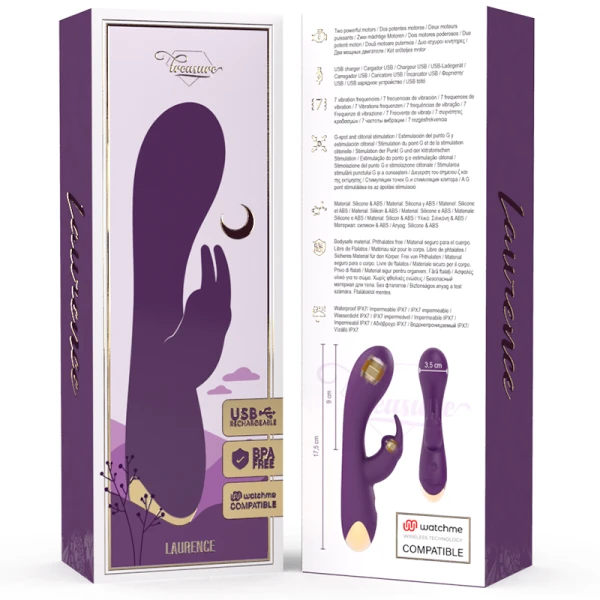 Treasure Laurence Rabbit-Vibrator met Watchme-afstandsbediening, siliconen, 17,5 cm Treasure Laurence Rabbit-Vibrator met Watchme-afstandsbediening, siliconen, 17,5 cm