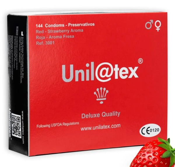 Unilatex Condooms met aardbeiensmaak, rood, 144 stuks