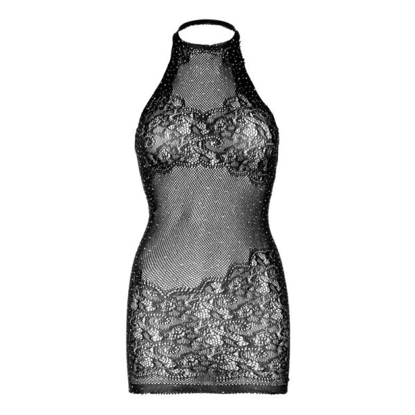 LEG Avenue Dresses Strass-Neckholder-Minikleed van kant en net, unimaat zwart