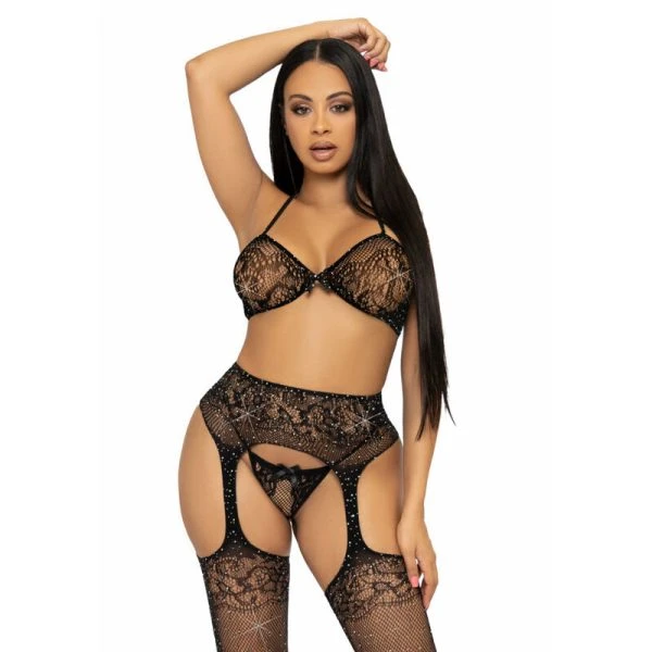Leg Avenue 3-delige dessousset BH, string en jarretelhouder zwart unimaat