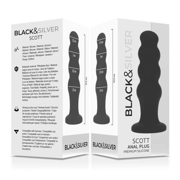 Black&silver siliconen anaalplug Scott met noppenstructuur 12,5 cm