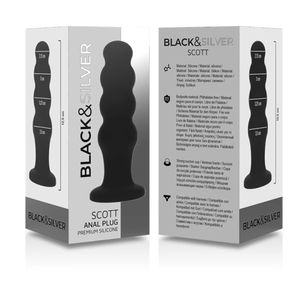 Black&silver siliconen anaalplug Scott met noppenstructuur 12,5 cm