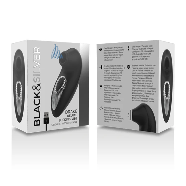 Black&silver Drake Deluxe Zuigvibrator Clitorisstimulator Silicone zwart Black&silver Drake Deluxe Zuigvibrator Clitorisstimulator Silicone zwart