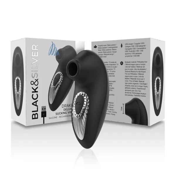 Black&silver Drake Deluxe Zuigvibrator Clitorisstimulator Silicone zwart Black&silver Drake Deluxe Zuigvibrator Clitorisstimulator Silicone zwart