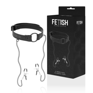 Fetish Submissive Bondage Knebelring met Nippelklemmen, vegan leer Fetish Submissive Bondage Knebelring met Nippelklemmen, vegan leer - Afbeelding 2