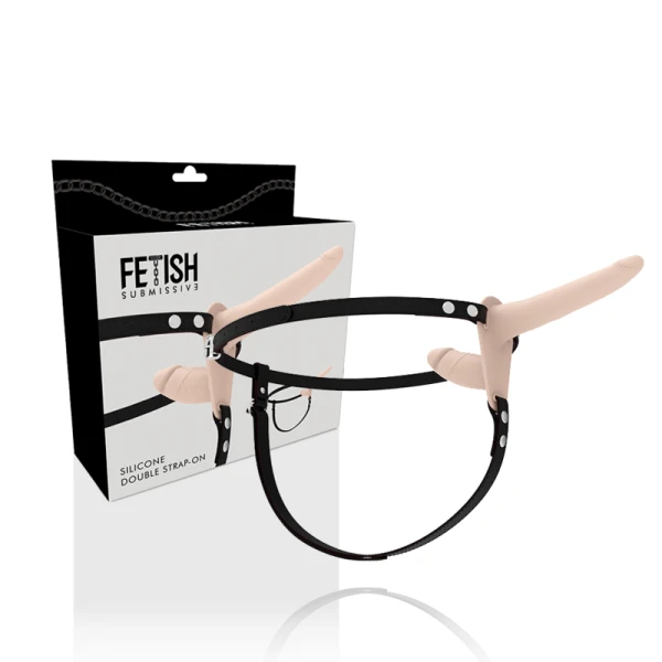 Fetish Submissive Harness dubbelpenetratietuig met siliconen dildo's, vleeskleurig Fetish Submissive Harness dubbelpenetratietuig met siliconen dildo's, vleeskleurig