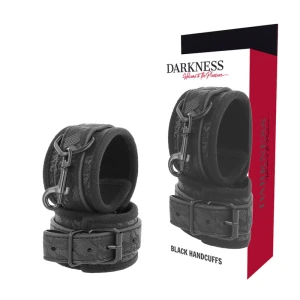 Darkness Bondage Luxus-BDSM-handboeien van brokaat en vegan leer, zwart
