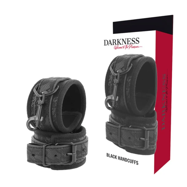 Darkness Bondage Luxus-BDSM-Handschellen aus Brokat und veganem Leder, schwarz