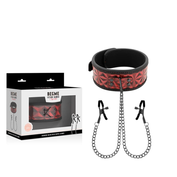 Begme Fetish Games Halsband met Nippelklemmen RED Edition Neopreen