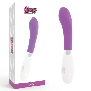 Glossy John Vibrator with curved tip and 10 modes, silicone, purple