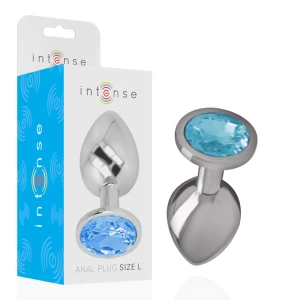 Intense anale plug van aluminium met blauwe kristal, maat L