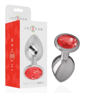 Intense anaalplug van aluminium met rode kristal, maat L