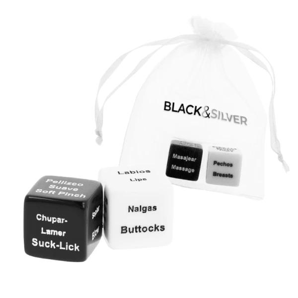Black&silver erotiekdobbelstenen voor koppels in satijnen zakje