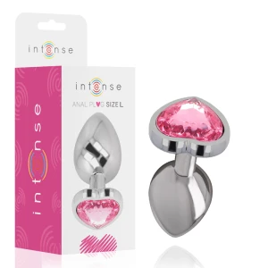 Intense anaalplug van metaal met hart-hanger roze maat L