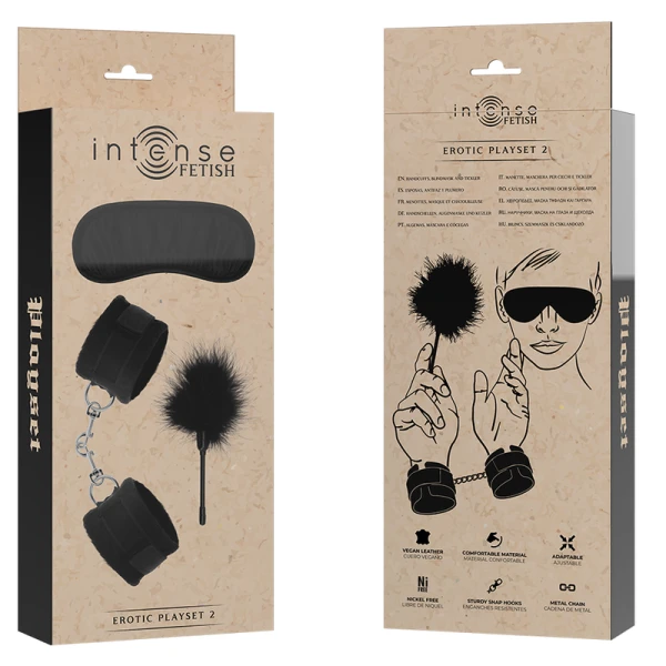 Intense Fetish Erotikspielset met Handboeien, Blindmasker en Kietelaar van veganistisch leer Intense Fetish Erotikspielset met Handboeien, Blindmasker en Kietelaar van veganistisch leer