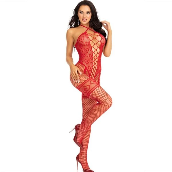 Leg Avenue Bodystocking met halternek en hartennet rood