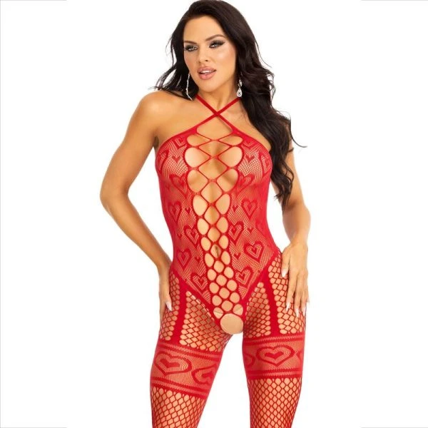Leg Avenue Bodystocking met halternek en hartennet rood