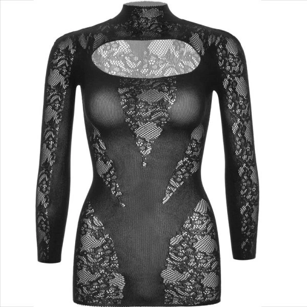 LEG Avenue Dresses Kanten-Minijurk Lange Mouw Zwart