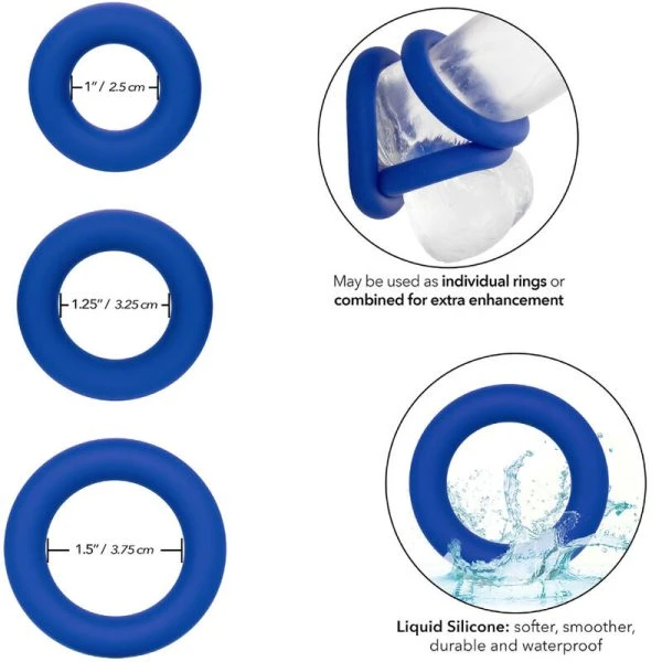 Calexotics Admiral Cock Ring Set van siliconen, 3 maten, blauw