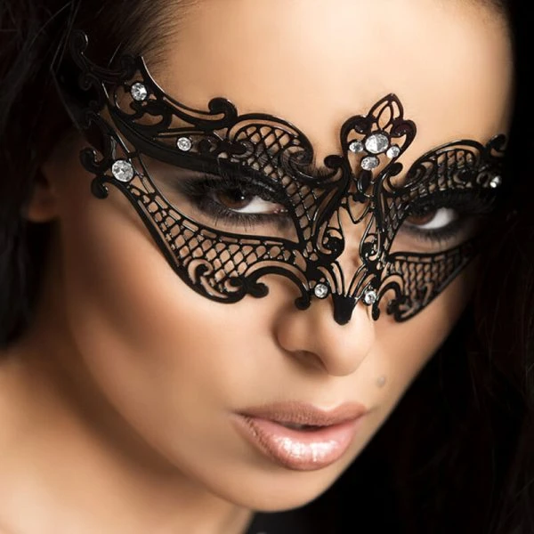 Chilirose Accesories Messingmaske met Kristallen en Satijnen Linten zwart